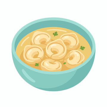 Warm bowl of traditional tortellini pasta soup with broth vector illustration