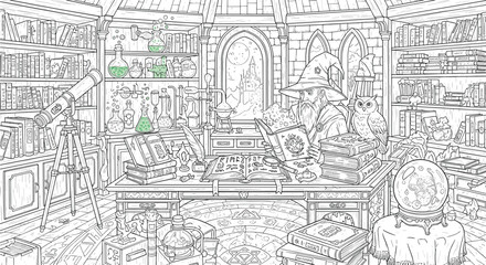 Fototapeta premium Wizard in magical laboratory library for fantasy themed adult coloring pages