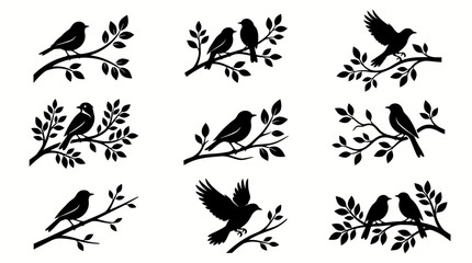 Obraz premium Vector Collection of Bird Silhouettes Perched on Tree Branches