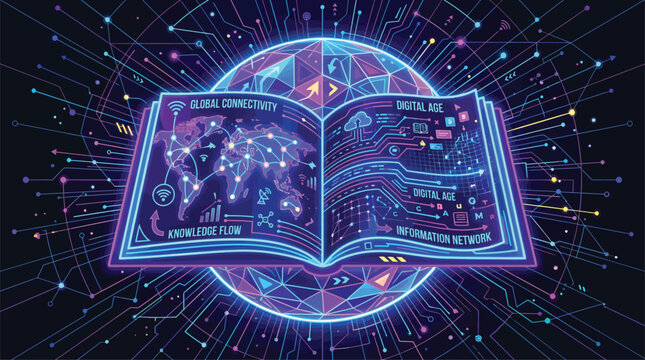 Digital Open Book with Global Network and Futuristic Technology Elements.