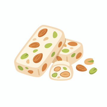 Traditional torrone nougat sweet dessert with nuts vector illustration