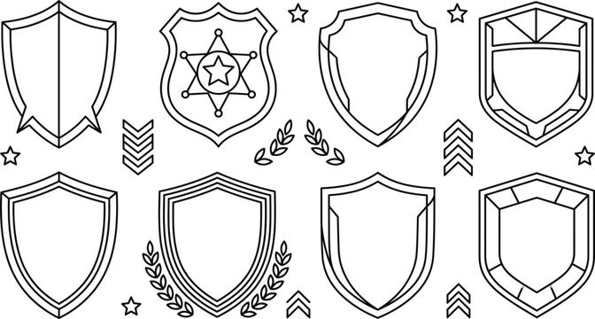 Shield vector badge icon set featuring security heraldic crests police badges laurel wreath stars outline line art elements