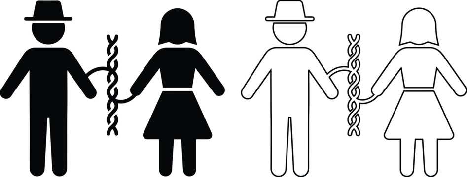 Couple linked by DNA chain vector icon pack featuring a man and woman silhouette set, ideal for genetics, genealogy, relationship compatibility, and ancestry concept designs.