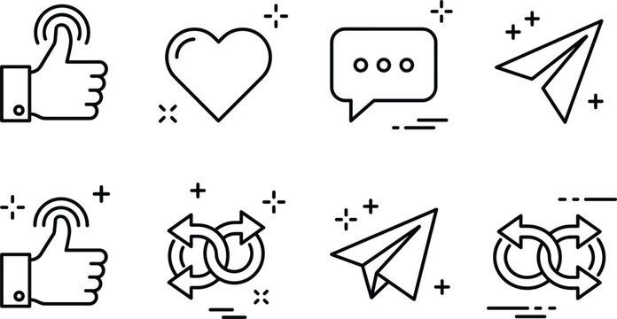 Social media icons line art vector set with thumbs up heart comment chat paper plane loop refresh elements,