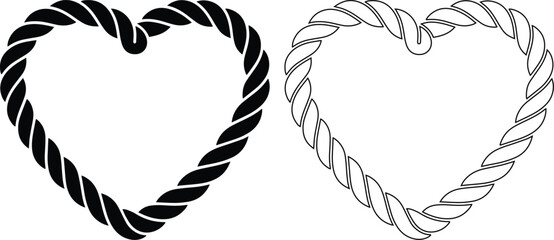 Nautical rope heart frame vector icon set featuring a black silhouette and thin outline style, perfect for marine wedding invitations, romantic sailor themes, and border design. © Shafi Ullah