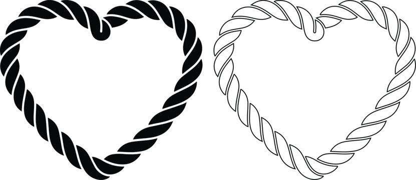 Nautical rope heart frame vector icon set featuring a black silhouette and thin outline style, perfect for marine wedding invitations, romantic sailor themes, and border design.