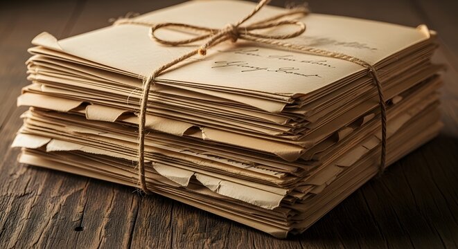 Vintage stack of old letters tied with twine on wooden table