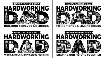 Fototapeta premium Father and child silhouette with hardworking dad typography design for family bonding and memories