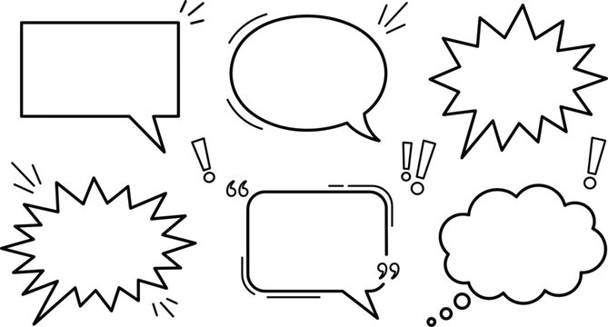 Speech bubble vector icon set featuring comic dialogue cloud thought box quotation exclamation marks blank line art elements