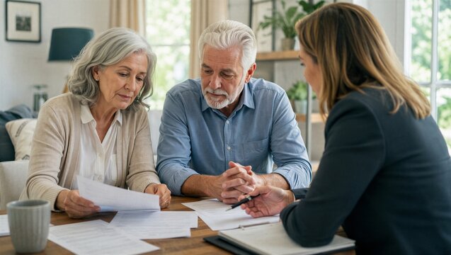 Elderly woman and man talking with professional advisor. Senior couple discussing financial document with lawyer. Consultation for legal protection and planning for International Day of Older Persons.