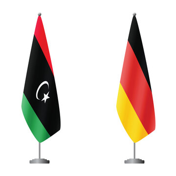 Libya and Germany flags on flagpoles for official ceremonies and meetings, transparent background vector