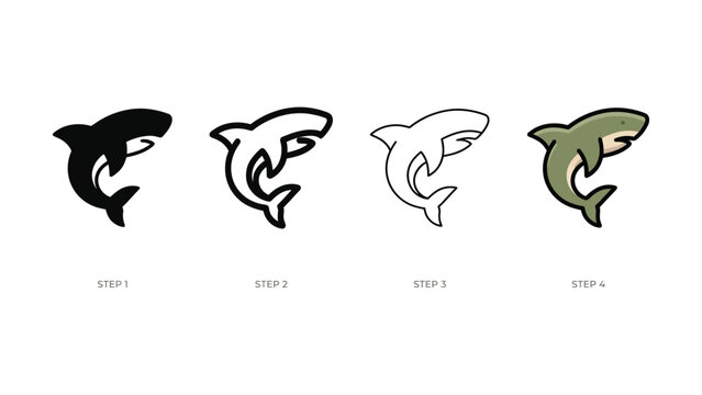 Shark creation steps in vector silhouette format isolated on white background