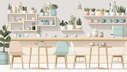 Fototapeta premium Modern interior with pastel colored chairs plants and open shelving creating a fresh cozy dining space
