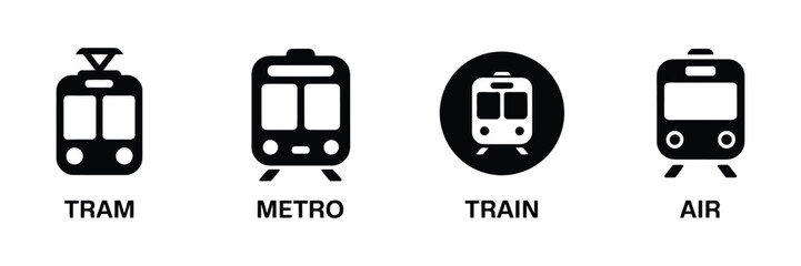 Transport icon set, railway and air travel symbols, public transit stop signs, car bus train metro aircraft ship silhouette vector illustration. © AYAT 01