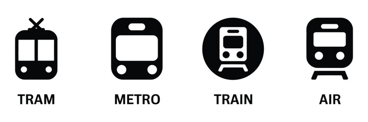 Transport icon set, railway and air travel symbols, public transit stop signs, car bus train metro aircraft ship silhouette vector illustration. © AYAT 01