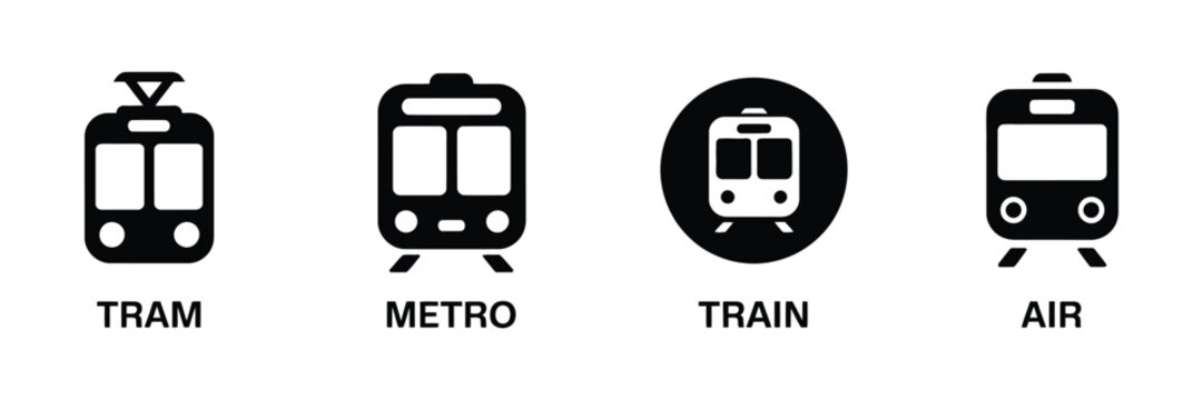 Transport icon set, railway and air travel symbols, public transit stop signs, car bus train metro aircraft ship silhouette vector illustration.