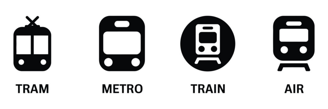 Transport icon set, railway and air travel symbols, public transit stop signs, car bus train metro aircraft ship silhouette vector illustration.