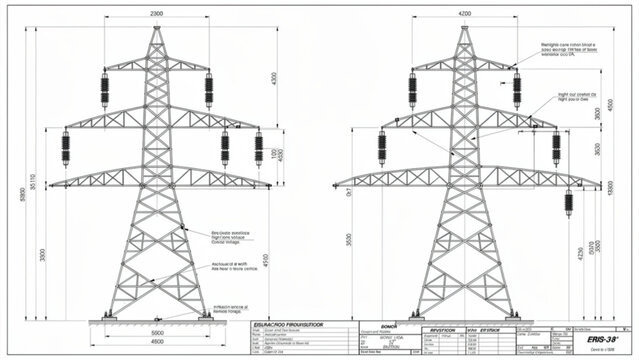 High voltage power line towers with electrical insulators and conductors in a clear sky