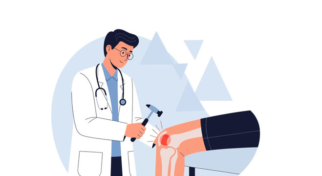 Doctor examining knee with reflex hammer, showing skeletal structure and inflammation