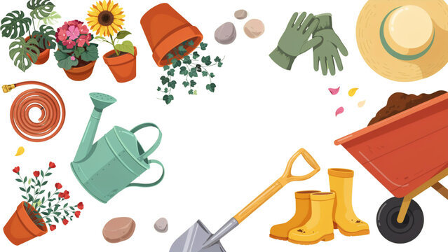 Pixel art gardening set with flowers plants wheelbarrow watering can and tools Vector
