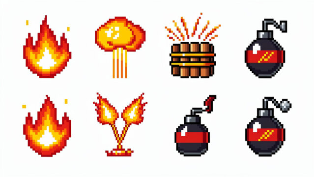 Pixelated fire explosion smoke bombs and bombs with flames and rocket fire visual elements colorful cartoon icons