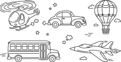 Transportation vehicles line art vector set with helicopter car hot air balloon school bus jet coloring book elements, © Hafizul