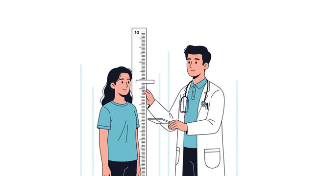 Doctor measuring child's height with a stadiometer during medical check-up, vector illustration