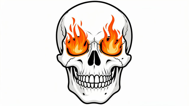 Illustration of a human skull with fiery flames in eye sockets and detailed bone structure design