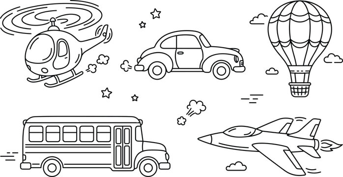 Transportation vehicles line art vector set with helicopter car hot air balloon school bus jet coloring book elements,