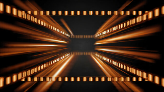 Abstract illuminated tunnel with glowing lines and geometric shapes in warm tones creating depth and futuristic visual effects