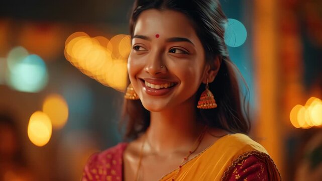 Happy Indian woman in saree holding diya lamp during traditional festival.
