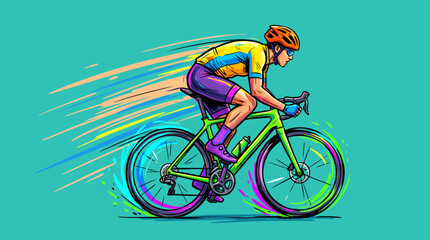 Obraz premium Cyclist in motion wearing colorful cycling attire and helmet.