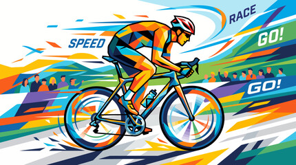 Fototapeta premium Cyclist in colorful jersey racing on a road bike with speed and race go text.