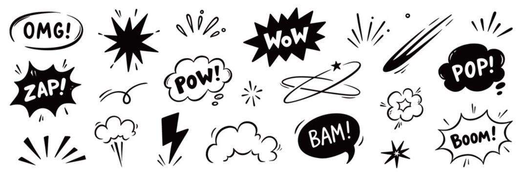 Comic boom icon cartoon set. Hand drawn comic boom effect with cartoon wow bomb speech splash line. Explosive bubble burst dialog action motion superhero explosion sound emphasis. Vector illustration
