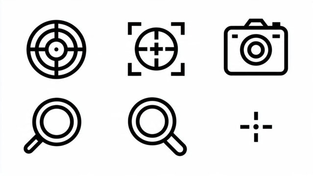 Collection of camera and magnifying glass icons with target crosshair symbols in black and white