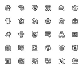 Web Hosting icon set. Minimal line web icons set. Vector illustration. Featuring monitoring, DNS, security, cloud storage, hosting, protection, database, firewall, domain and more. © wang