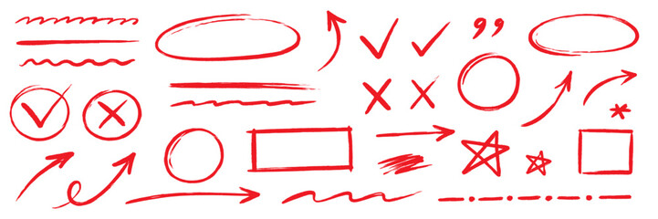Line arrow hand drawn crayon set. Hand drawn line arrow crayon chalk paint red brush texture underline. Check doodle star curve squiggle zigzag graffiti blackboard background. Vector illustration