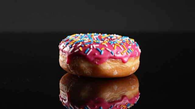 Pink Donut Falling And Landing On Dark Table Surface Standing On Its Side Slow Motion Food Drop