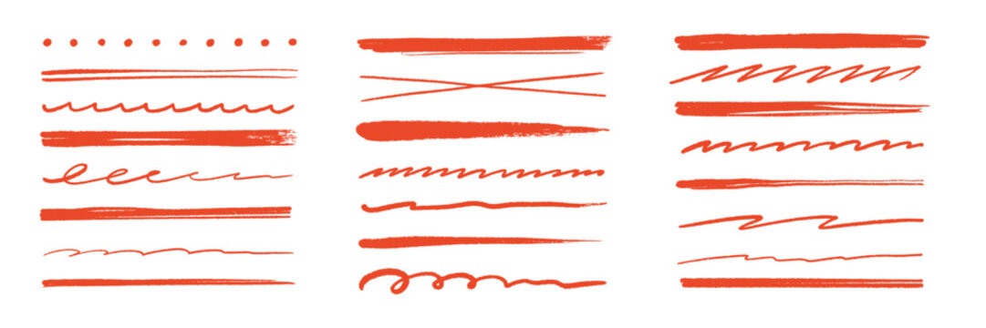 Brush line pencil underline set. Hand drawn brush line pencil stroke doodle pen marker red scribble texture. Highlight swoosh stripe swash pastel grunge handwritten background. Vector illustration