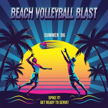 Summer 1986 beach volleyball tournament poster design.