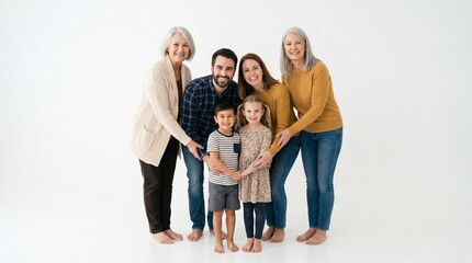 Fototapeta premium A family of six people including two children standing together happily indoors