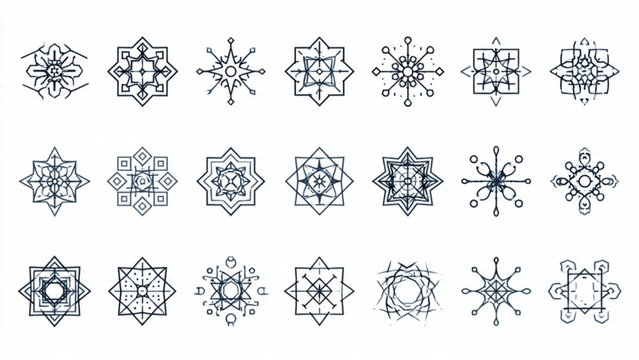 Set of intricate snowflake icons with geometric patterns in monochrome style for winter design and holiday themes