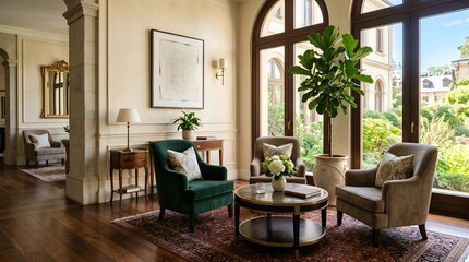 Fototapeta premium Elegant Living Room with Arched Windows and Lush Greenery.