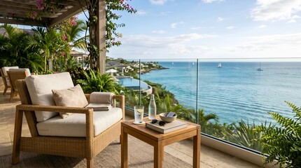 Obraz premium Luxury outdoor patio with stunning ocean view and comfortable seating.