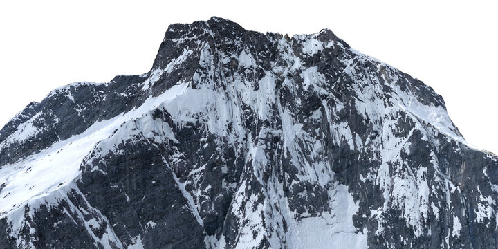 Snow-Covered Mountain Peak With Rugged Rock Face And Icy Cliffs, Isolated Alpine Summit 3D Rendering Cutout