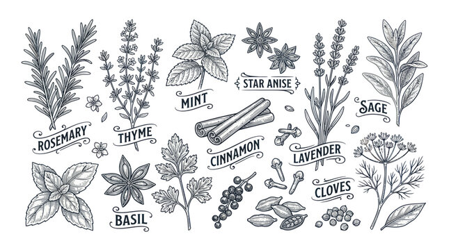Vintage botanical collection of culinary herbs and aromatic spices