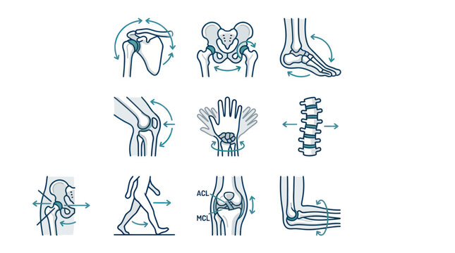 Human joint mobility icons showing anatomical range of motion