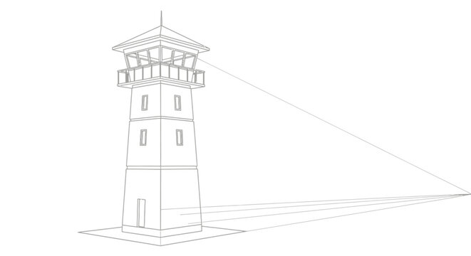 Perspective wireframe sketch of architectural observation tower with vanishing point lines
