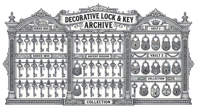 Ornate antique cabinet filled with decorative keys and padlocks