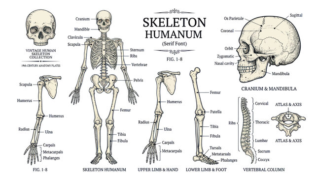 Human skeleton anatomy collection with vintage bone diagrams